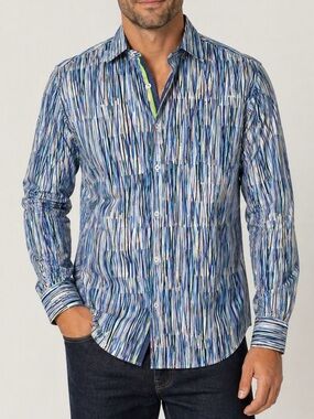 Bugatchi Uomo Blue Abstract Stripe Button Down Shirt Size L Cotton